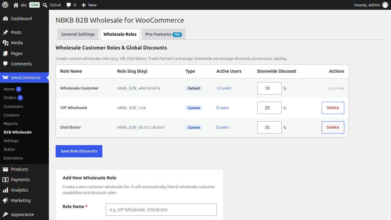 Custom Wholesale Roles Manager and Global Discounts in WooCommerce