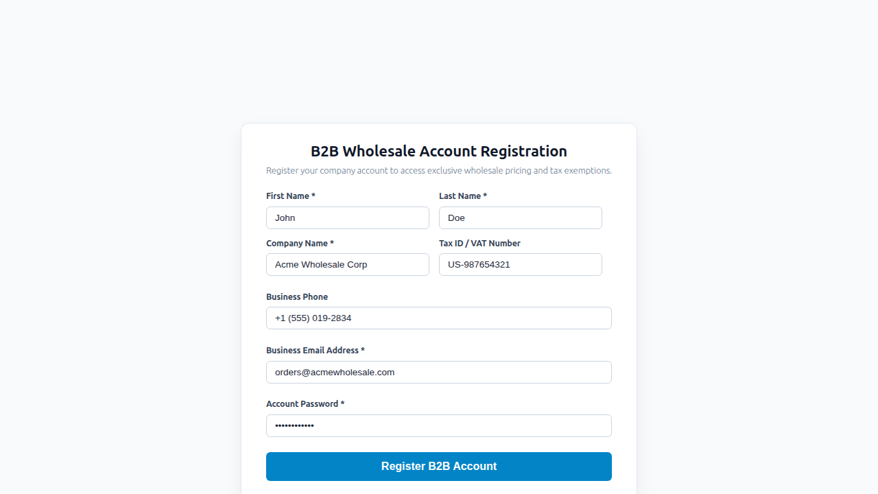 Dedicated B2B Wholesale Customer Registration Form