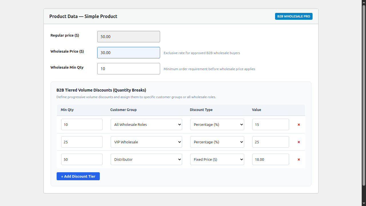 WooCommerce Product Data B2B Tiered Volume Discounts Admin Panel